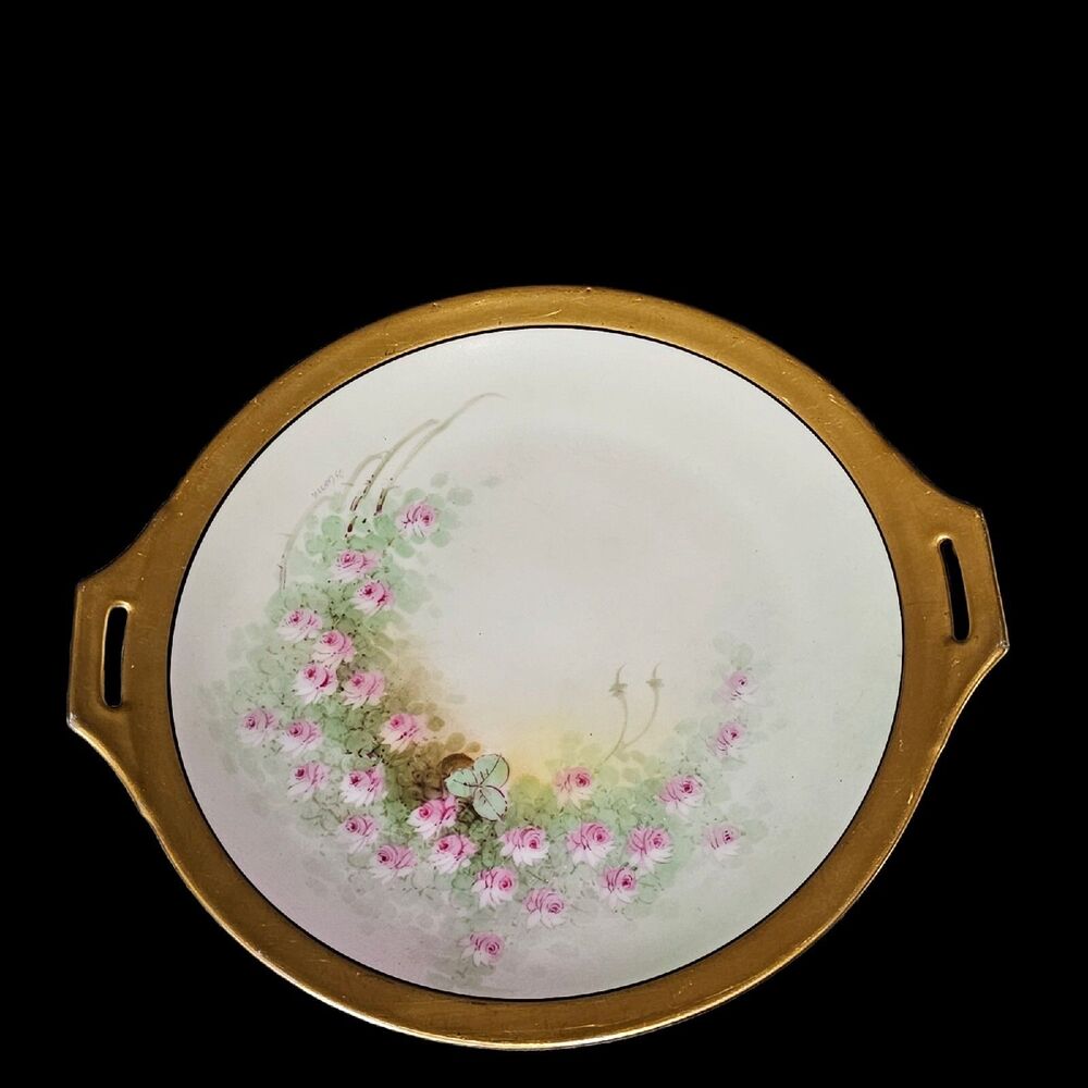 Thomas Bavaria Roses Handled Cake Plate 11 1/4" Heavy Gold Rim Signed